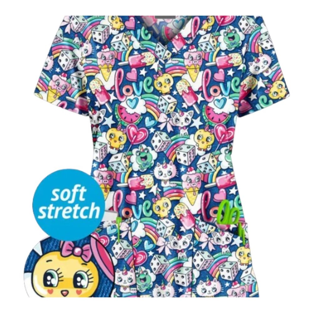 NWOT | Strictly Scrubs | Candyland Dreams Royal 4-Pocket V-Neck Print Scrub Top